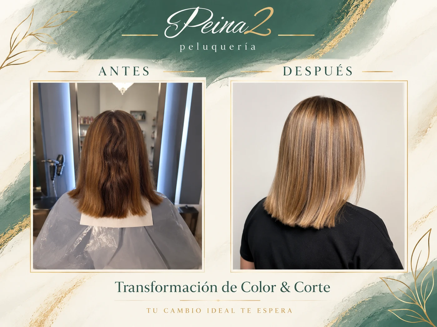 Antes y después de una transformación de color y corte realizada en Peina2 Peluquería